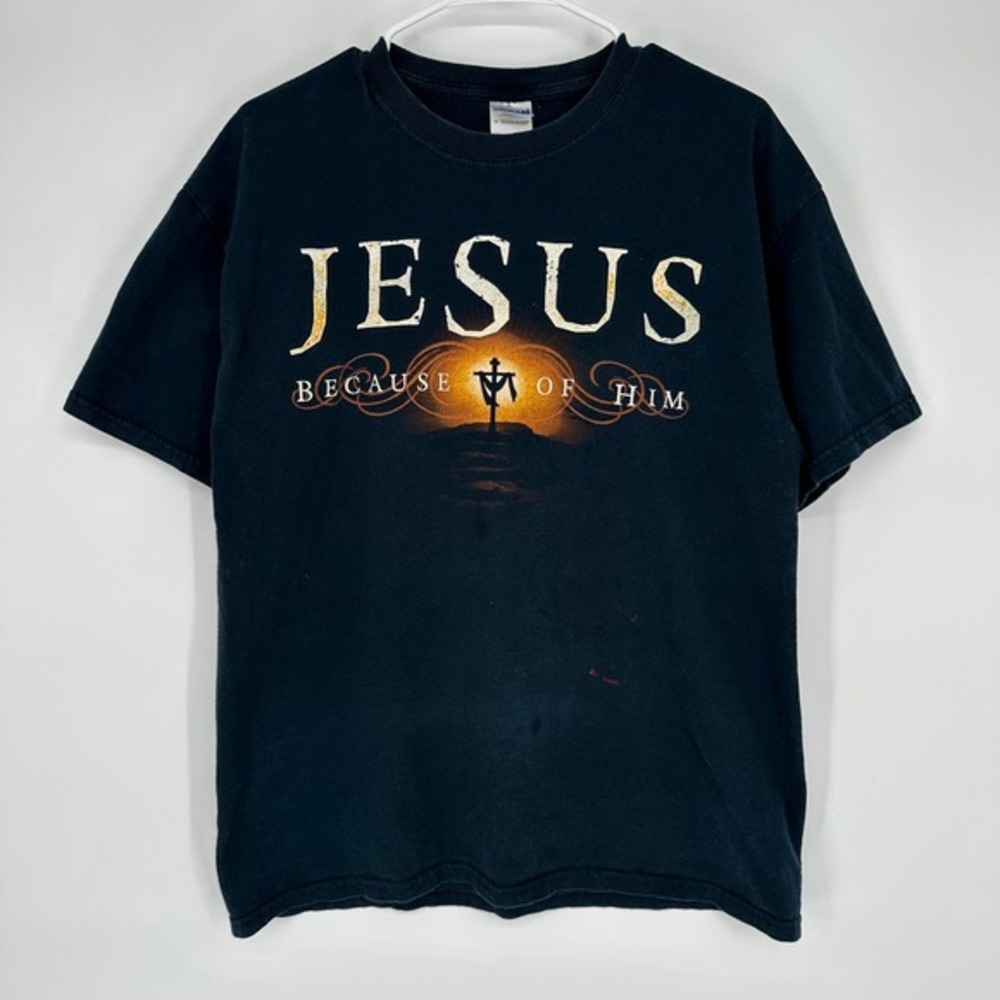 Vintage Gildan Jesus Because Of Him Heaven Knows My Name Christian Shirt L Black